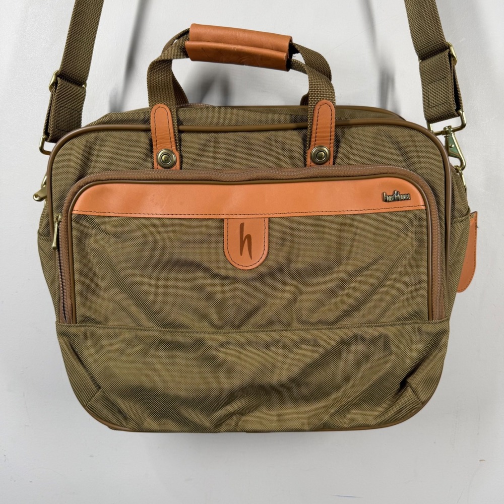 Hartmann Vtg Carryon Messenger Travel Bag Olive Ballistic Nylon Leather Trim Tan